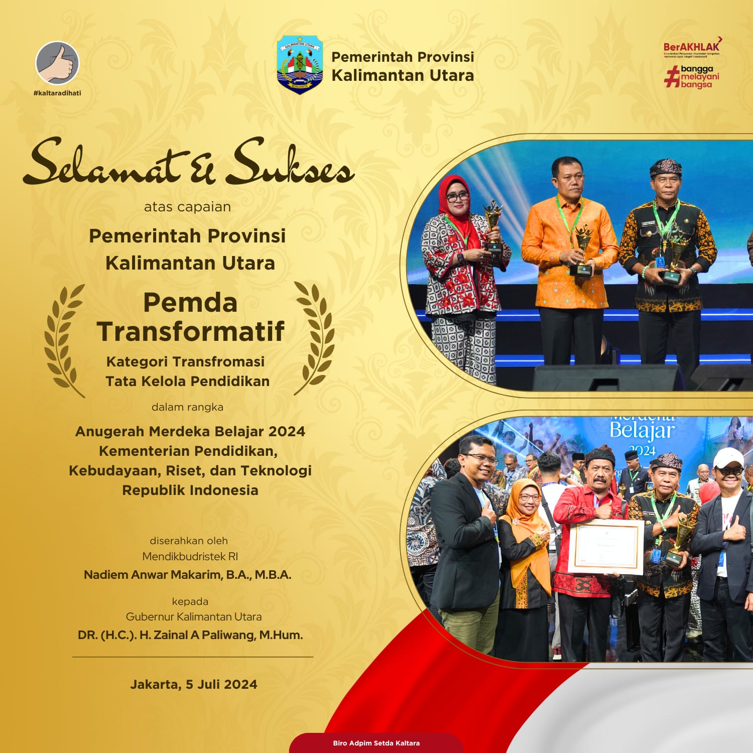 Penghargaan kategori Transformasi Pengelolaan Pendidikan Kelompok Pemda Transformatif Provinsi, dari Kemendikbudristek RI